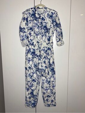 Anthropologie White and Blue Floral Button-Front Jumpsuit